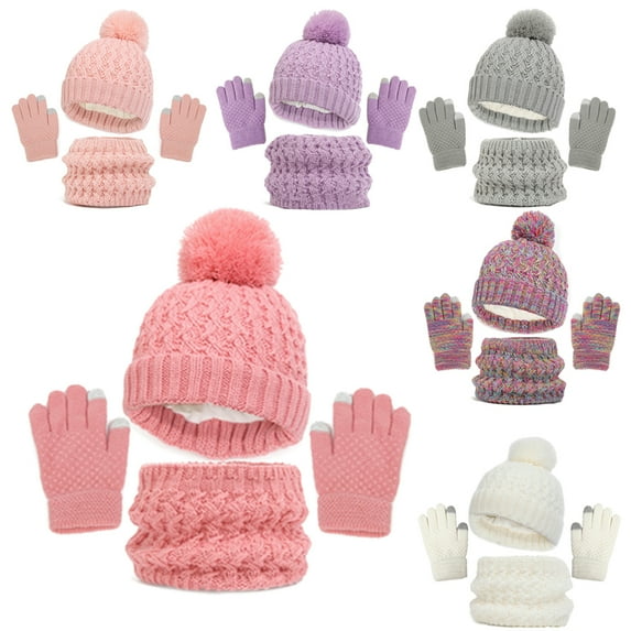 Little Boys Girls Winter Knit Beanie Hat Gloves Set for Girls Boys with Pompom,Kids Soft Stretch Hat Scarf Mitten Set Fleece Lined Set 3 Pieces for 1-6Y