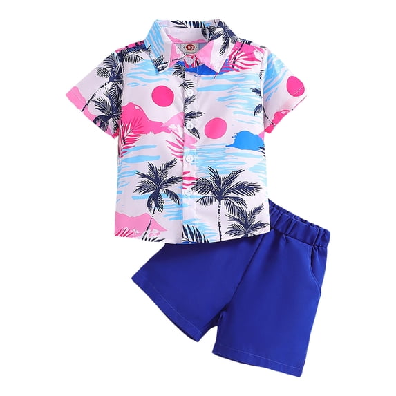 Little Boys Hawaii Beach Outfits Short Sleeved Button-Up Shirt and Shorts Clothes Set