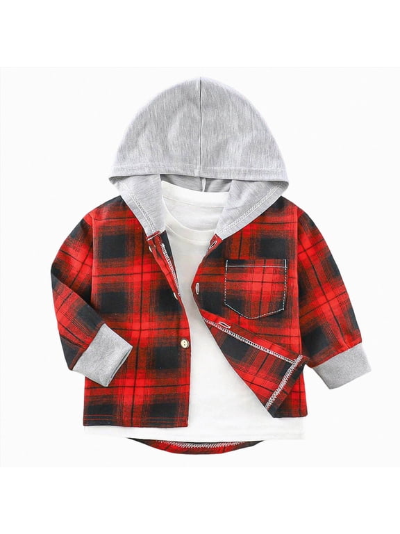 6-7 Years Little Boys Hooded Plaid Shacket Button Down Flannel Shirt Jacket Outerwear