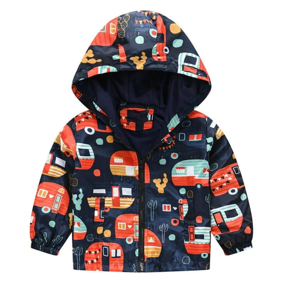 Little Boys Jacket Print Windproof Autumn Zipper Kids Hooded Coat Size 5-6T