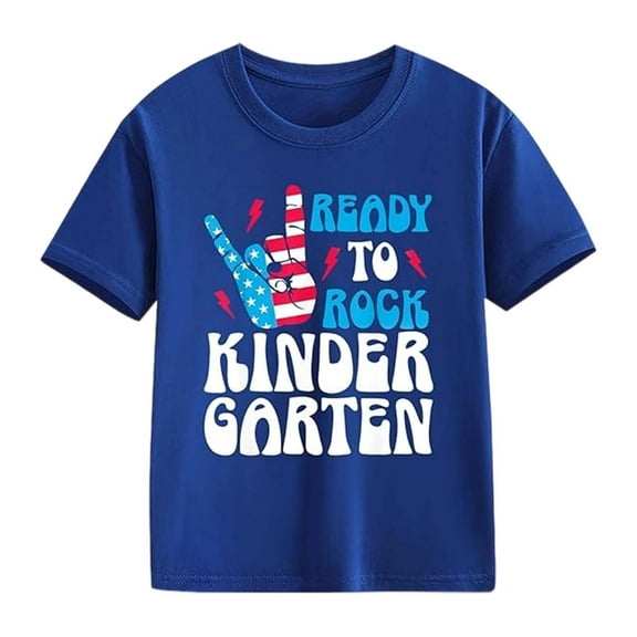 Little Boys Kids Back School T Shirt Patriotic Rock Hand Print Top Short Sleeve Casual Tee Spring Summer Clothing Blue Size 5-6T