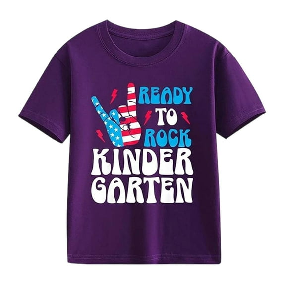 Little Boys Kids Back School T Shirt Patriotic Rock Hand Print Top Short Sleeve Casual Tee Spring Summer Clothing Purple Size 6-7T