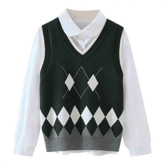 Little Boys Lattic Prints Warm Knitted Sweater Sleeveless Tops Knitwear Cardigan Vest Clothing Dark Green Size 7-8T