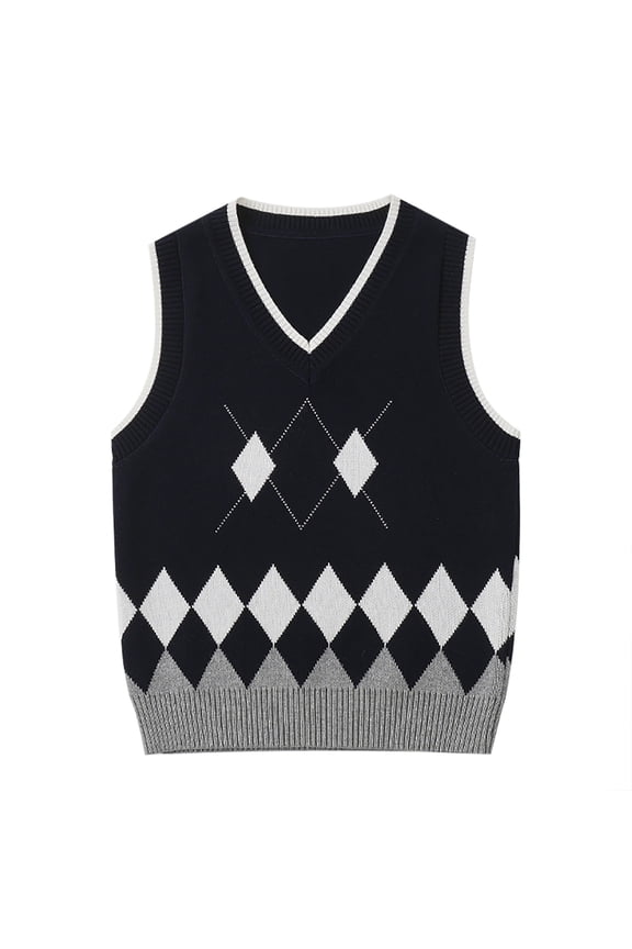 Little Boys Lattic Prints Warm Knitted Sweater Sleeveless Tops Knitwear Cardigan Vest Clothing Navy Size 7-8T