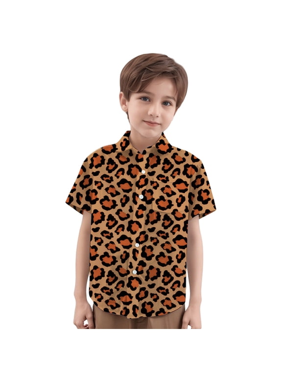 Little Boys Leopard Print Shirt Breathable Top Kids Loose Fit Tee Fabric Lightweight Summer Spring Clothing Size 5-6T