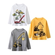 HILEELANG Little Boys' Long Sleeve Tee Shirt Christmas Cotton Casual Crewneck Excavator Graphic Tops T-Shirts Yellow Gray White 3 Packs Sets 6Years