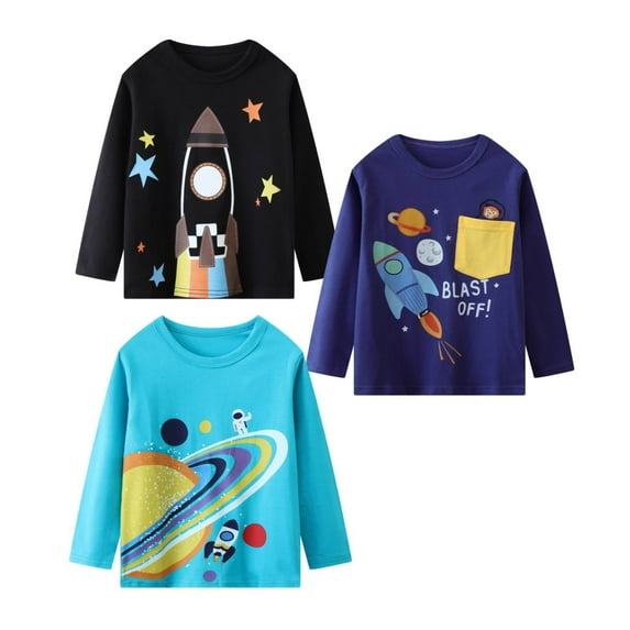 Little Boys' Long Sleeve Tee Shirt Christmas Cotton Casual Crewneck Rocket Graphic Tops T-Shirts Black Blue 3 Packs Sets 6Years