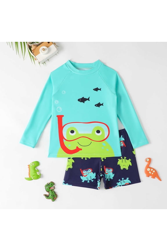 Little Boys Long Sleeve Top & Swim Shorts Quick Dry Rash Guard Upf 50+ For Surfing Pool,Cartoon Frog Bathing Suits 2 Piece Swimsuit Blue 3-4 Years