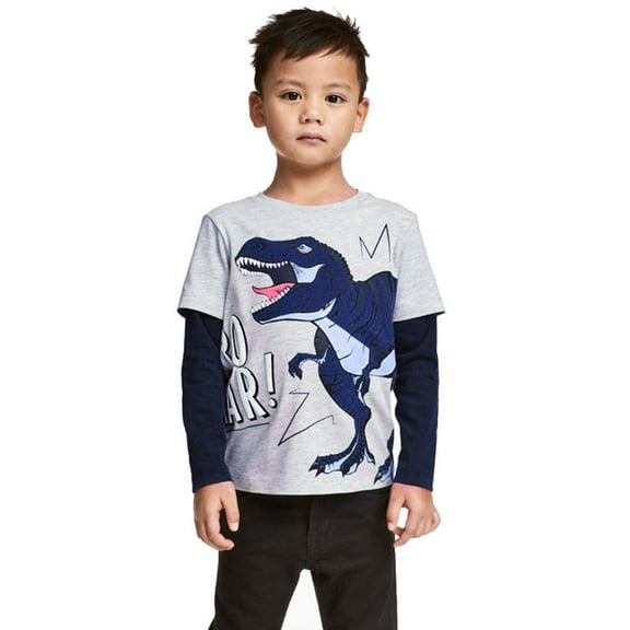 Little Boys Outfit Set Long Sleeve Cartoon Dinosaur Print Tops T-Shirt Set, 2 Piece, Sizes 5-6 Years