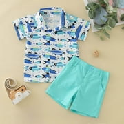 ROVGA Little Boys Outfit Sets Short Sleeve Cartoon Prints T Shirt Tops Shorts Child Gentleman Outfits For 18-24 Months