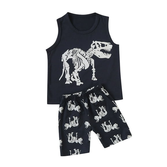 Little Boys Outfits Dinosaur Print Sleevelss T Shirt and Shorts Set Casual Wear Size 5-6T