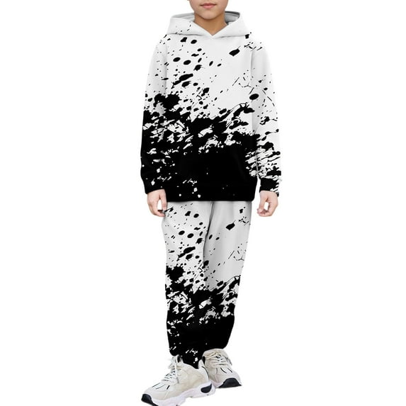 Little Boys Outfits Sets Hooded Long Sleeve Printed Pullover With Pants Casual Wear Kids Fall Clothes White Size 6-7T