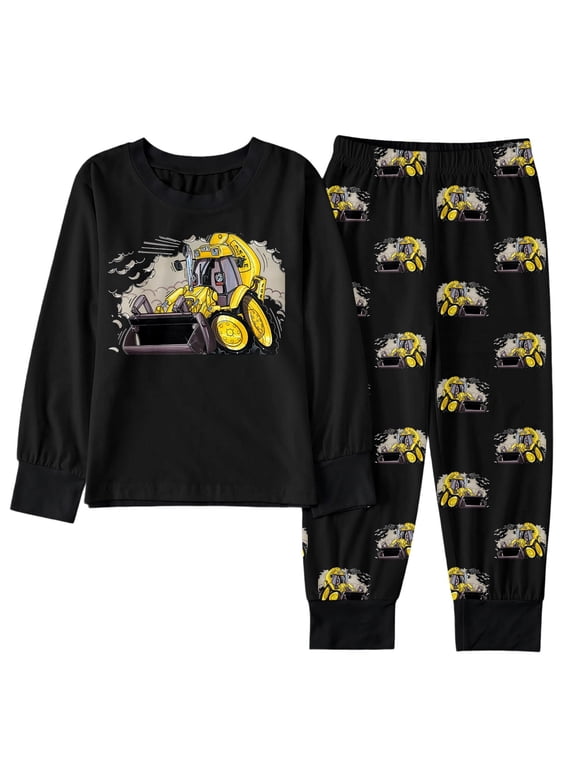 Little Boys Outfits Sets Winter Alien Excavator Cartoon Print Long Sleeve Top Pants Pajamas Kids Homewear Casual Dress Up Clothes Black Size 7-8