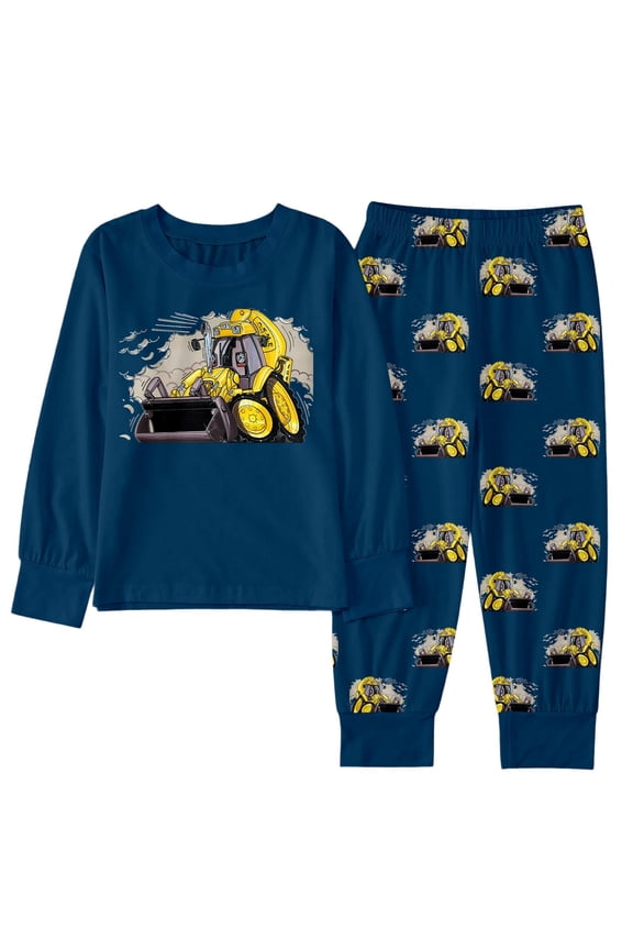 Little Boys Outfits Sets Winter Alien Excavator Cartoon Print Long Sleeve Top Pants Pajamas Kids Homewear Casual Dress Up Clothes Navy Size 6-7