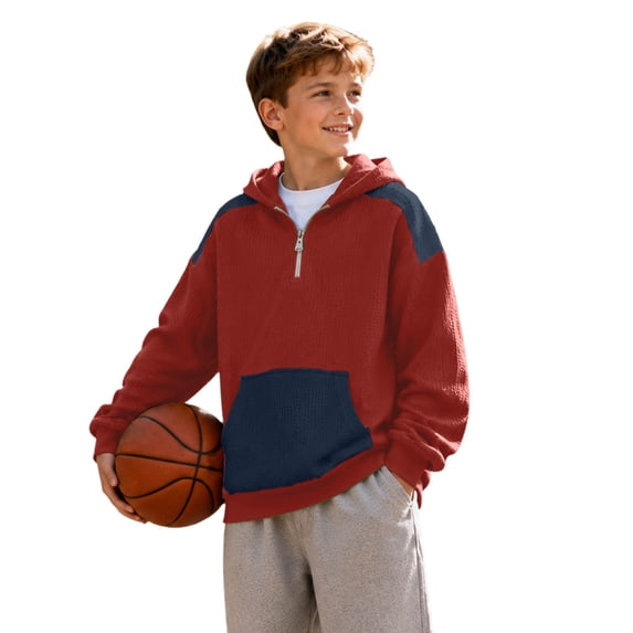 Little Boys Oversized Hoodies Waffle Color Block With Pocket Jacket Top Casual Pullover Sweatshirt for Kids Size 5-6T