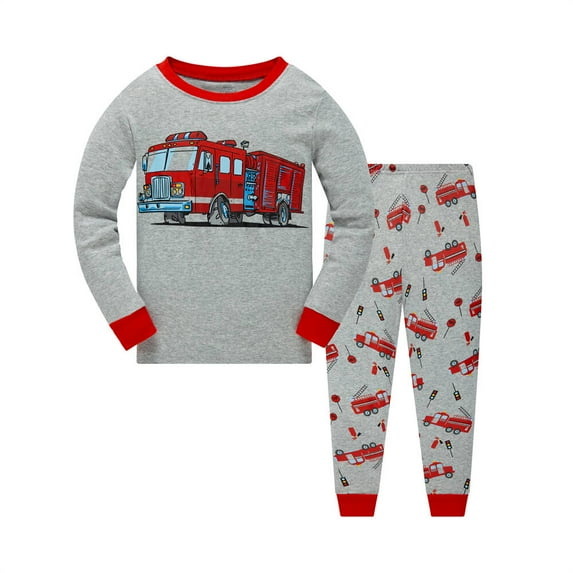 Little Boys Pajamas Cartoon Fire Truck 100% Cotton Long Sleeve Toddler Pjs Toddler Clothes Kids Sleepwear(Grey-6576 7T)