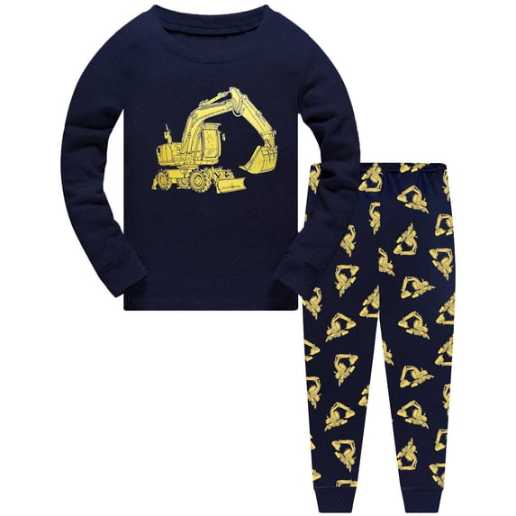 Little Boys Pajamas Sets for Toddler 100% Cotton Dinosaur Train Rocket Starry Glow in Dark Sleepwear Long Sleeve 2 Piece kids Clothes Pjs 3-7T Yellow Truck-6384-6T