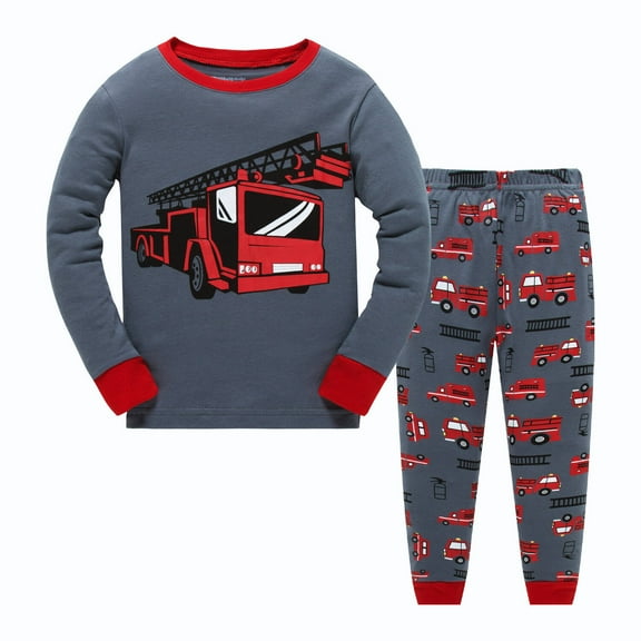 Little Boys Pajamas for Toddler Clothes Set Trian Truck Sleepwear Long Sleeve 100% Cotton 2 Piece Kids Pjs Size 1-10 Years (2-3 Years/3T, Fire Truck)/6014