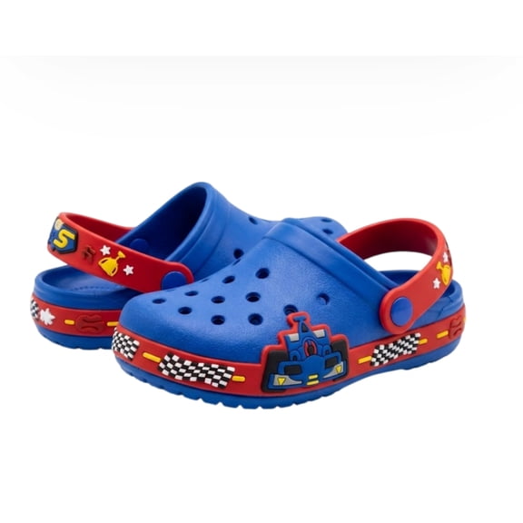 Little Boys Pit Stop Racer Clogs, Blue and Red, Race Car Theme, Kids Clog Shoes - Size 9