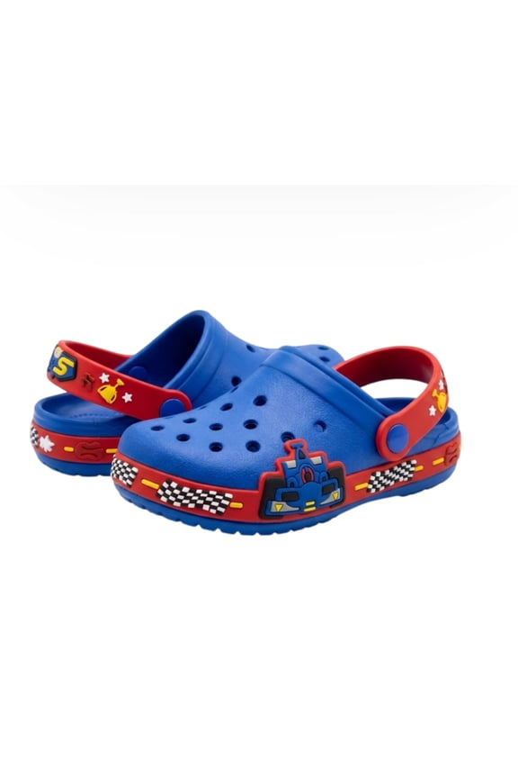 Little Boys Pit Stop Racer Clogs, Blue and Red, Race Car Theme, Kids Clog Shoes - Size 9