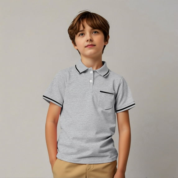 Little Boys Polo Shirt Light Gray Polo Shirt Boys Button Down Shirt Boy Short Sleeve Shirt Boys Polo Shirts Size 7-8 Years