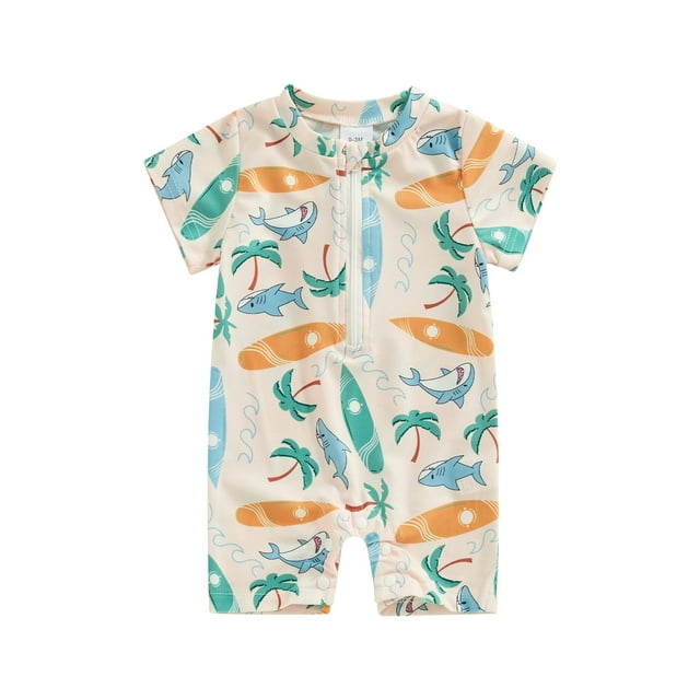 Little Boys Short Sleeve Swimsuit Round Neck Whale Print Zip UP Rash