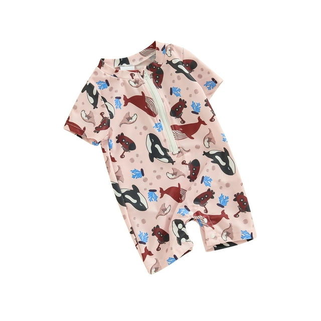 Little Boys Short Sleeve Swimsuit Round Neck Whale Print Zip UP Rash