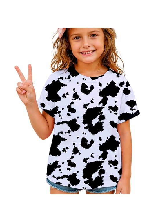 Little Boys Short Sleeve T-Shirt Cow Print Girls Pattern Round Neck Casual Kids Summer Tops Basic Tees Size 6-7T