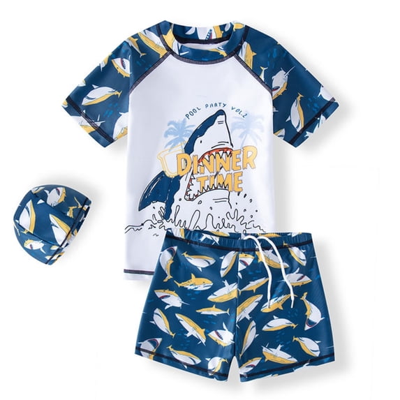 Little Boys Short Sleeve Top & Swim Shorts Caps Quick Dry Rash Guard Upf 50+ For Surfing Pool,Cartoon Shark Print Bathing Suits 3 Piece Swimsuit White 6-7 Years