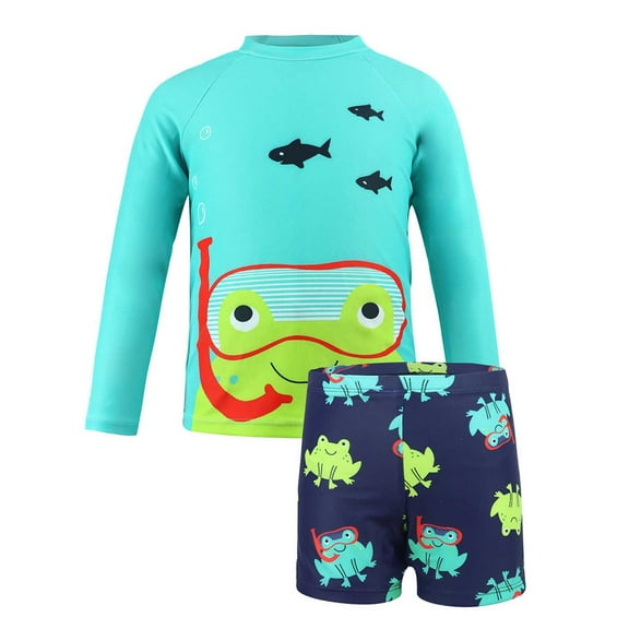 Little Boys Swimwear Sets Summer Long Sleeve 2 Piece Swimsuit Cartoon Frog Print Quck Dry V Protction Set For To Kids Blue Board Shorts Youth 6-7T