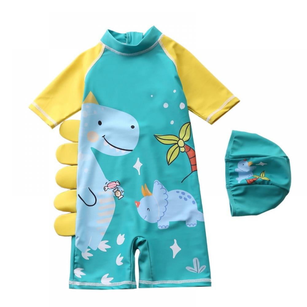 Little Boys Toddler Dinosaur Swimsuit UPF 50+ Rash Guard Swimwear OnePiece with Sun Hat Bathing