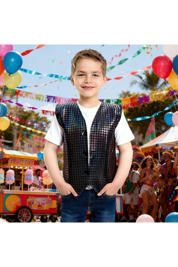 Little Boys Tops Carnival Themed Vest With Cut Square Patchwork Sequin Applique For Stage Performance And Party Wear Black 1-2T