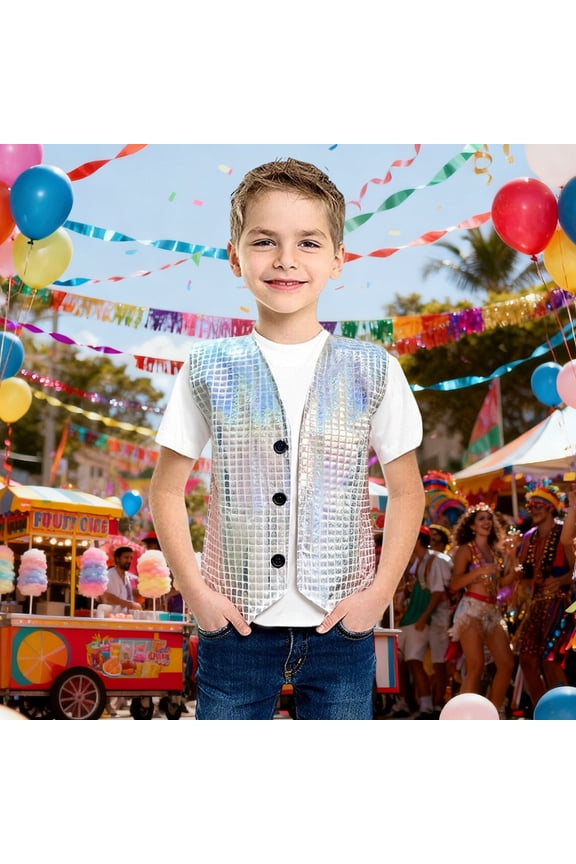 Little Boys Tops Carnival Themed Vest With Cut Square Patchwork Sequin Applique For Stage Performance And Party Wear Silver 2-3T