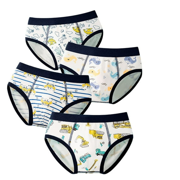 Little Boys Underwear Briefs 3-8 Years 4 Piece Kids Stretch Cartoon Printed Cotton Panties Toddler Undies Underpants, White, 6 Years