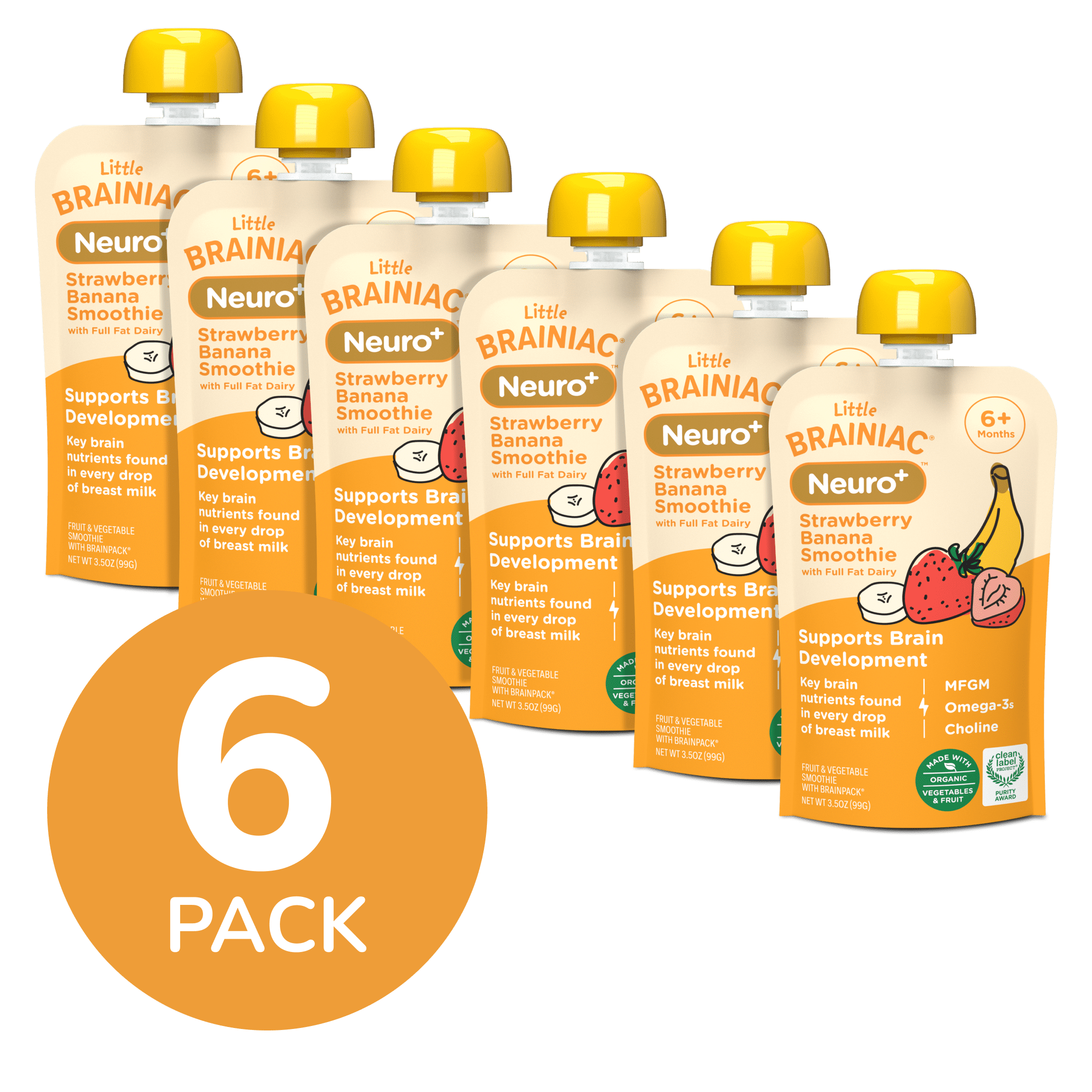 Little Brainiac Neuro+ Smoothie Baby Food Pouch with Omega-3s, Strawberry Banana, 3.5oz, 6ct
