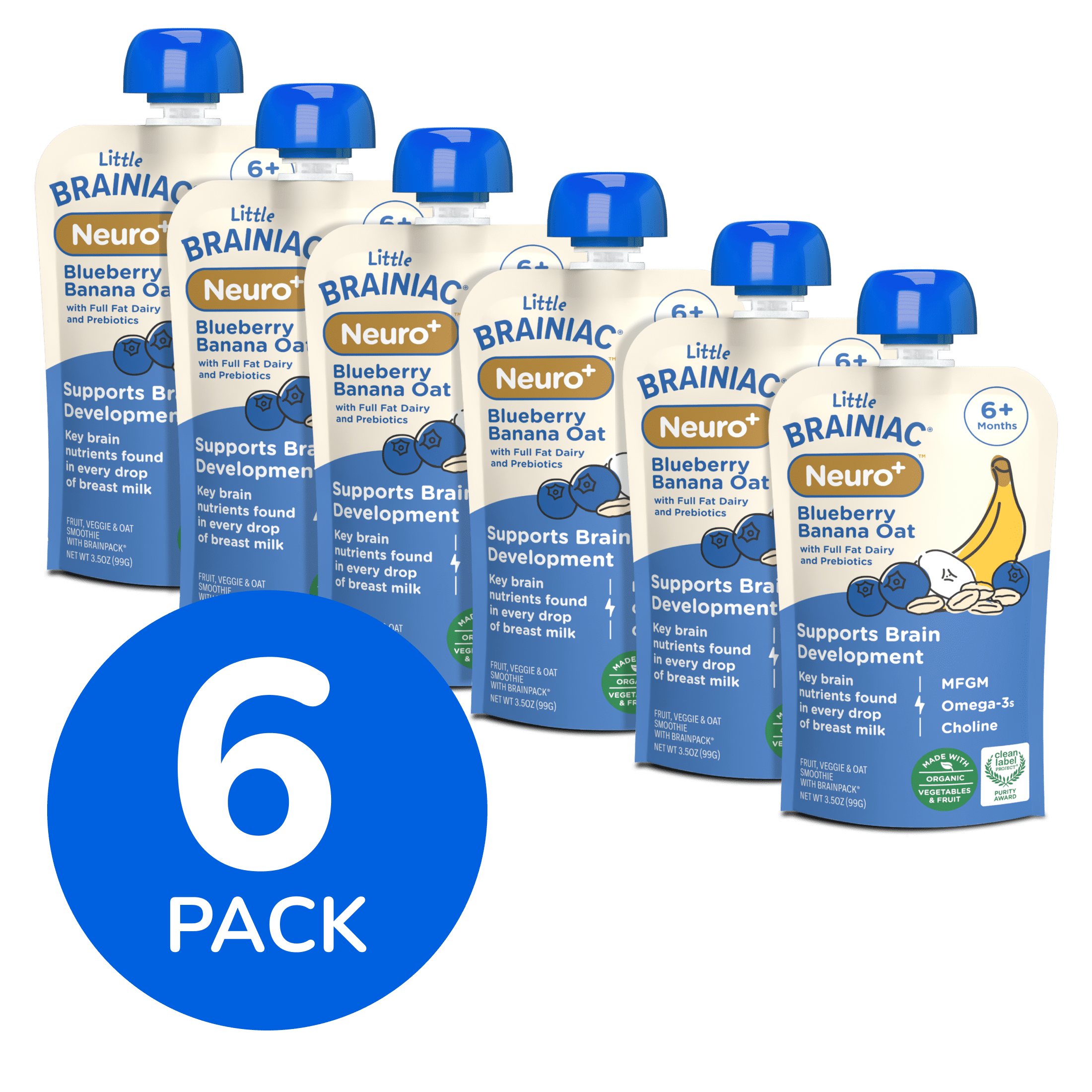 Little Brainiac Neuro+ Smoothie Baby Food Pouch with Omega-3s and Prebiotics, Blueberry Banana Oat, 3.5oz, 6ct