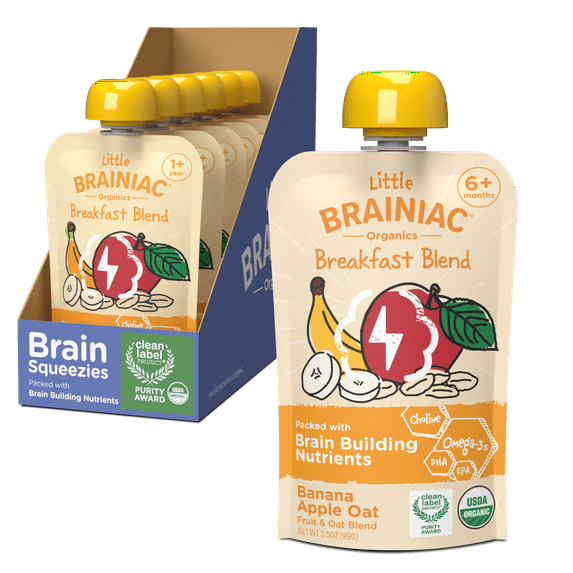 Little Brainiac Organic Fruit & Oat Brain Squeezies with BrainPack, Banana Apple Oat, 3.5oz, 6ct