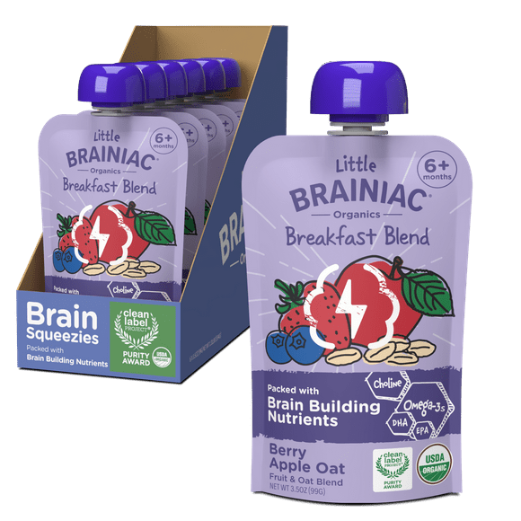 Little Brainiac Organic Fruit & Oat Brain Squeezies with BrainPack, Berry Apple Oat, 3.5oz, 6ct