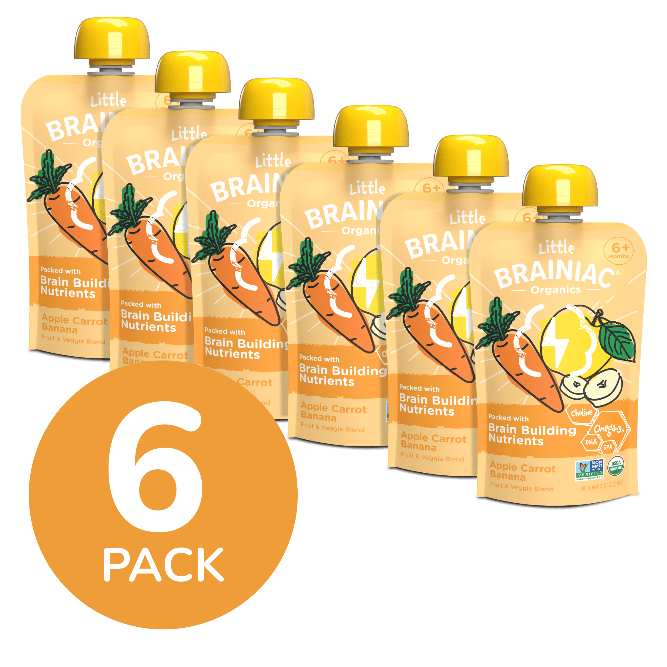 Little Brainiac Organic Fruit & Veggie Baby Food Pouch with Omega-3s, Apple Carrot Banana, 3.5oz, 6ct