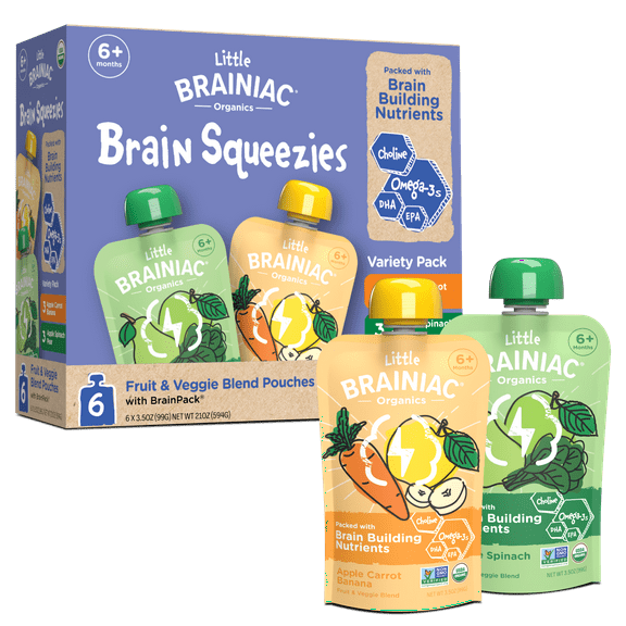 Little Brainiac Organic Fruit & Veggie Variety Pack with BrainPack, 3.5oz, 6ct