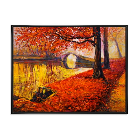 Little Bridge In Deep Orange Autumn Landscape I 20 in x 12 in Framed Painting Canvas Art Print, by Designart