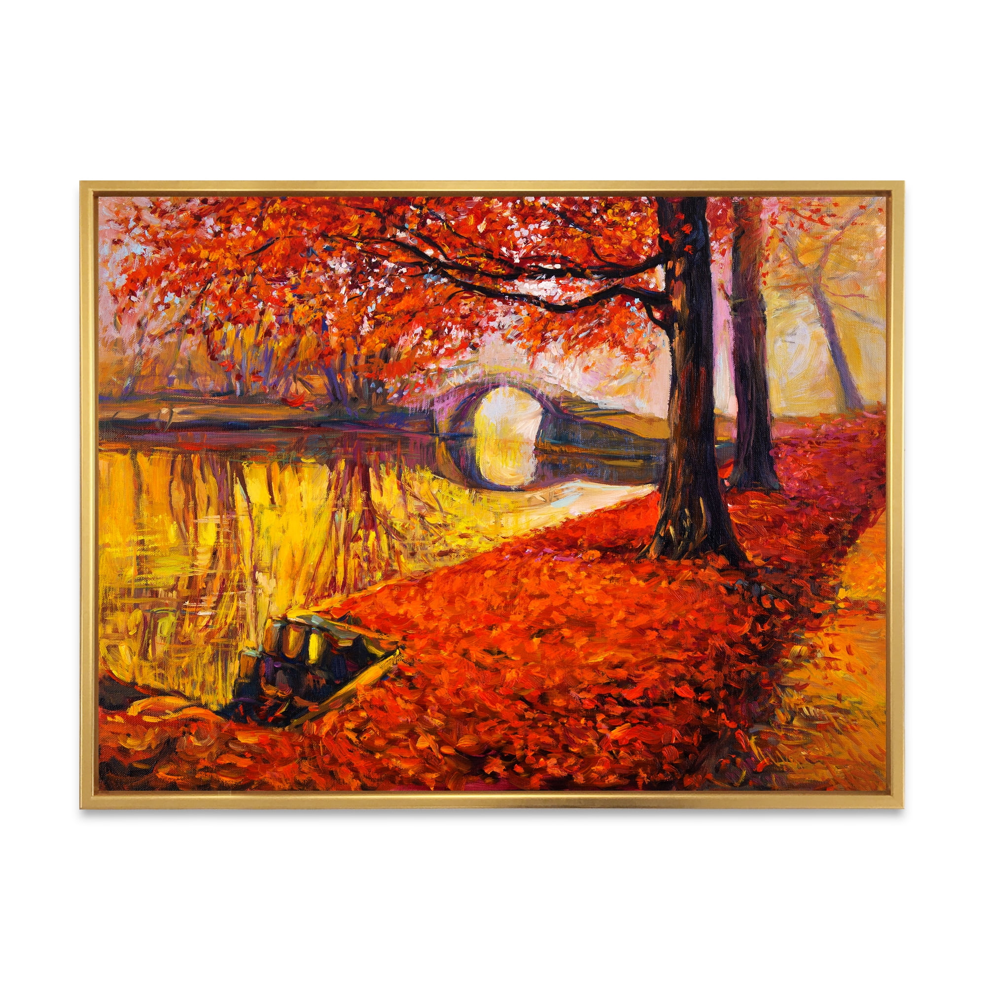 Little Bridge In Deep Orange Autumn Landscape I 32 in x 24 in Framed Painting Canvas Art Print, by Designart