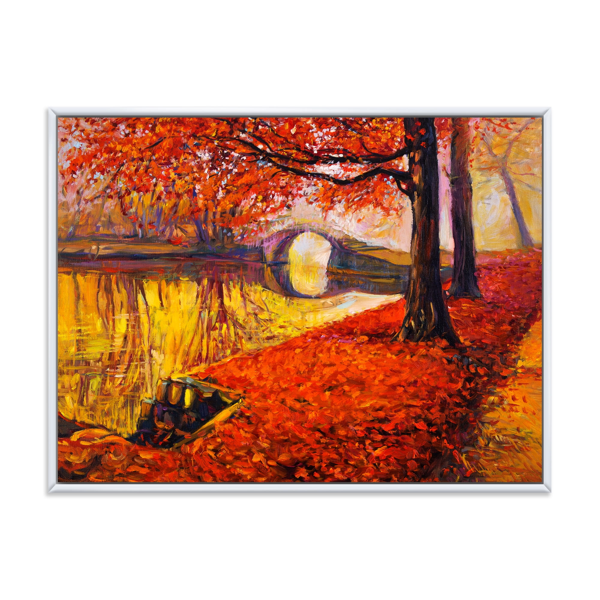 Little Bridge In Deep Orange Autumn Landscape I 40 in x 30 in Framed Painting Canvas Art Print, by Designart