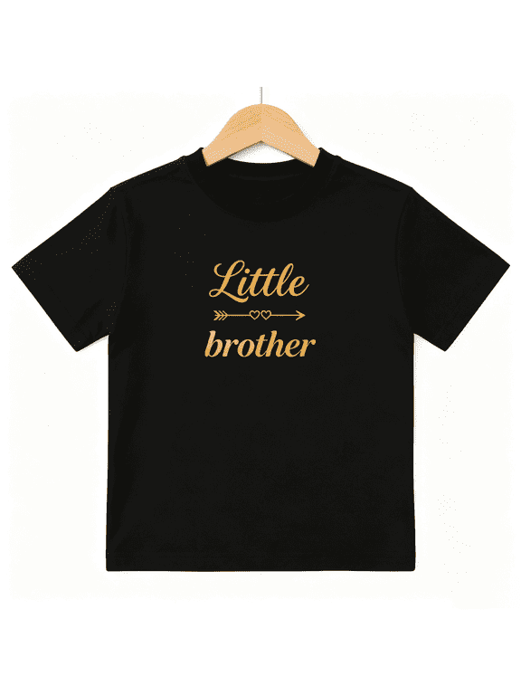 Little Brother Hearts Arrow Cursive Boys Graphic Tee, Cute 100% Cotton Kids Short Sleeve T-Shirt 4-13Y