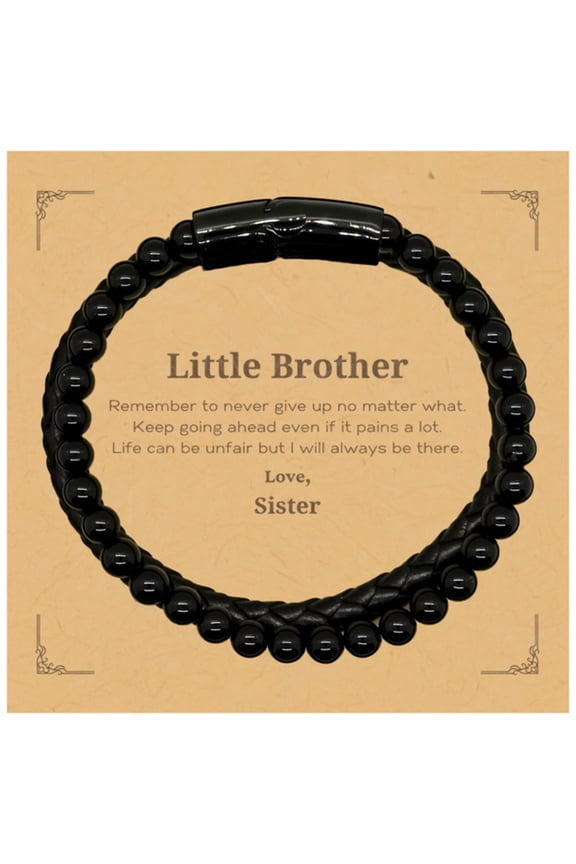 Little Brother Motivational Gifts from Sister, Remember to never give up no matter what, Inspirational Birthday Stone Leather Bracelets for Little Brother