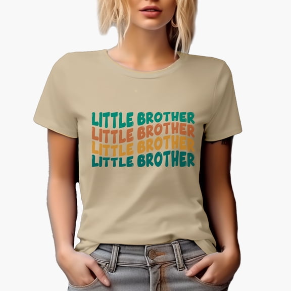 Little Brother, Younger Brother or Sibling Themed, Groovy Retro Wavy Text Merch Gift, Tan T-Shirt, Medium