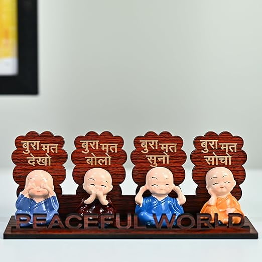 Little Buddha Monk Set 4 Cartoon-Style Baby Monks with Decorative Wooden Base for Home, Car, and Office Decor | Unique Gift and Feng Shui Dcor | Resin Buddha Showpiece for Home & Office Decoration
