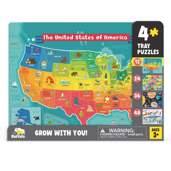 Little Buffalo 4 Pack Puzzle Tray includes USA Map, Alpha Animals, Planets, Polar for Children Ages 3+, Buffalo Games