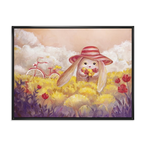 Little Bunny With Yellow Flowers 20 in x 12 in Framed Painting Canvas Art Print, by Designart