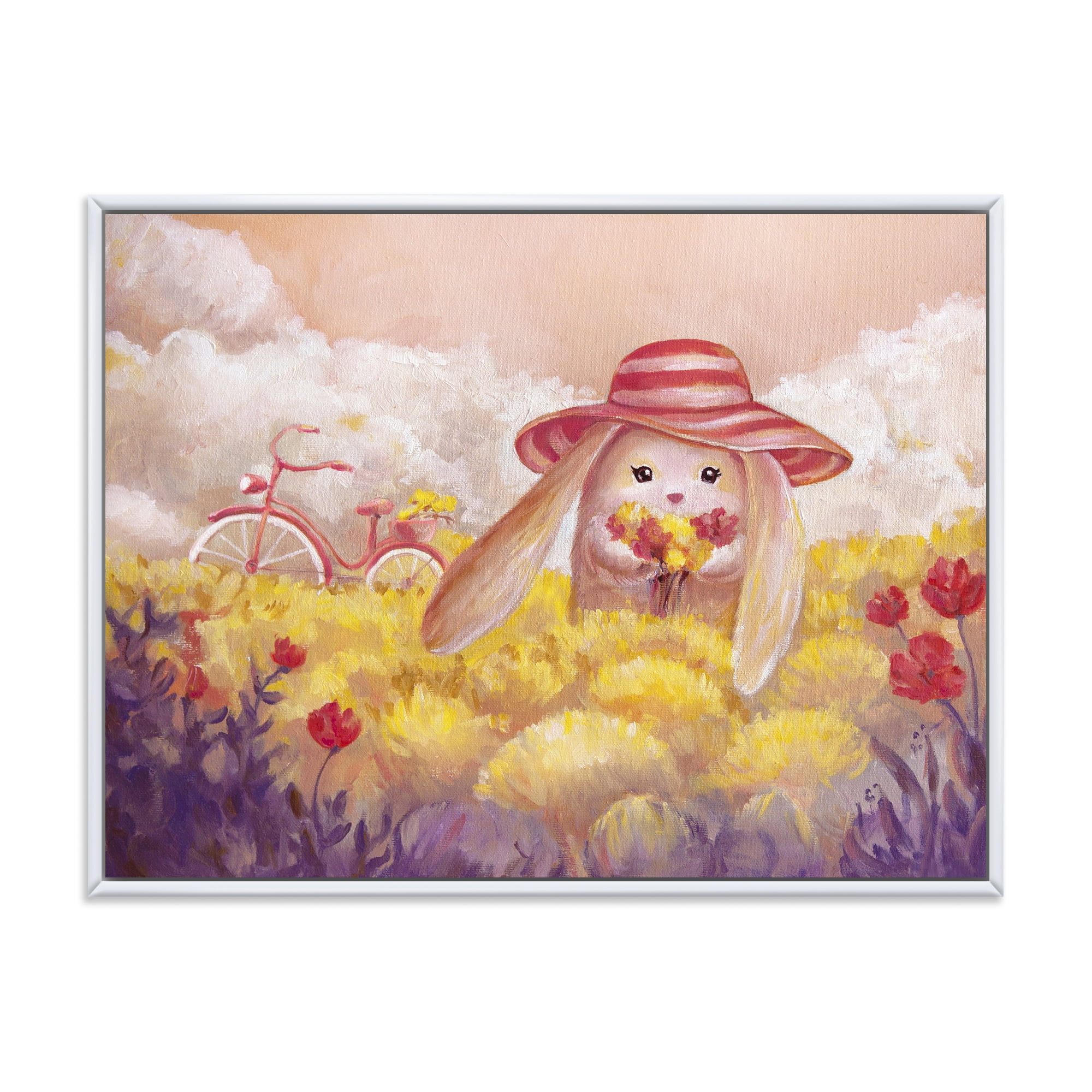 Little Bunny With Yellow Flowers 32 in x 24 in Framed Painting Canvas Art Print, by Designart